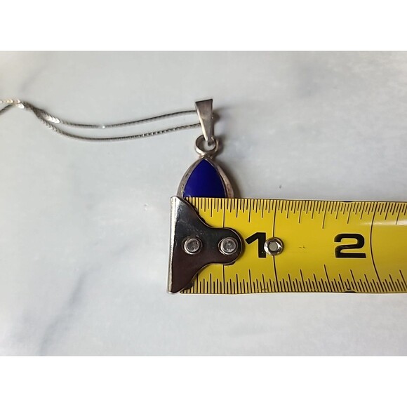 925 Sterling Silver Faux Stone Blue Inlay Pendant Necklace Vintage - Picture 10 of 11